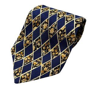 Valentino Tie 100% Silk Made in Italy Satin Diamond Pattern Blue/Gold 4.5"